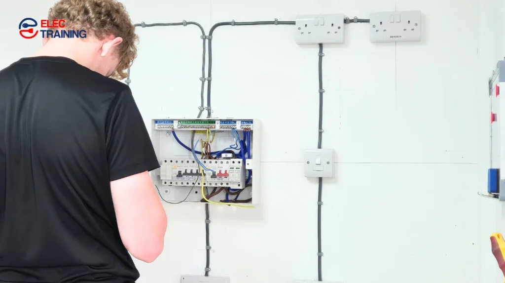 Student working on a practice consumer unit at Elec Training