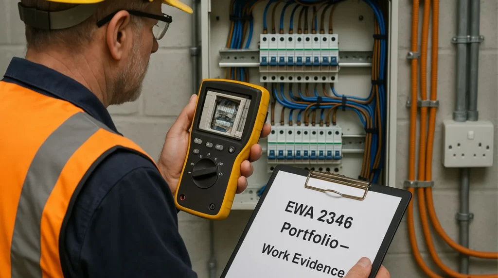 Experienced electrician documenting installation work for Experienced Worker Assessment 2346-03 portfolio