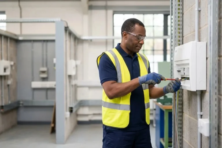 Electrical trainee focused on hands-on task during return-to-work training