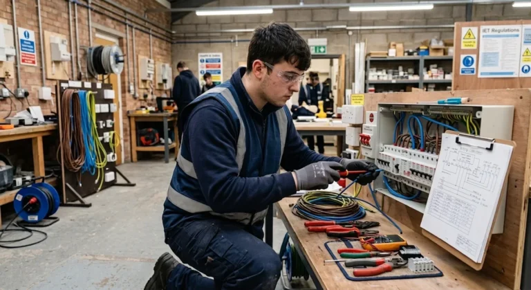 Electrical trainee focused on precision task during practical training